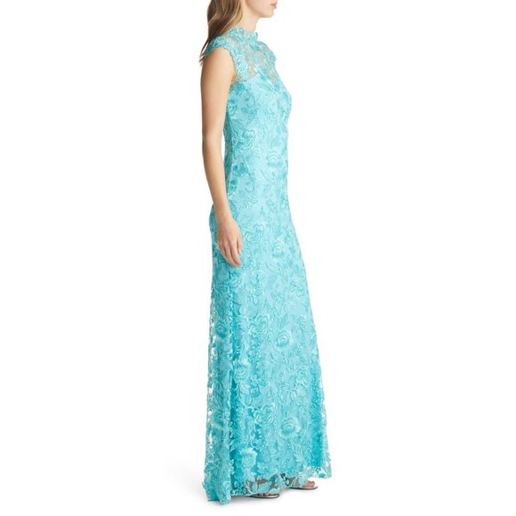 TADASHI SHOJI Embroidered Sheer Lace Mock Neck Gown Aqua 2 NEW - Picture 3 of 13